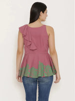 Peplum top with asymmetric ruffle and printed hem in Mauve