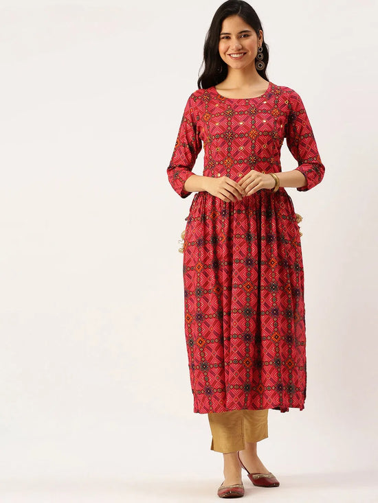 Women's Pink Printed A-Line Kurtas-GW-1760-Pink