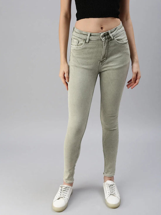 Women's Olive Solid Denim Skinny Jeans-GZ-5154-Olive