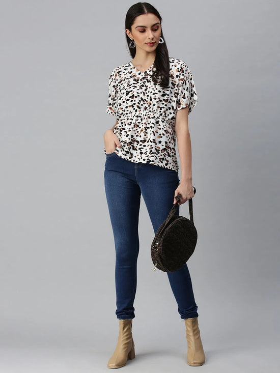 Women's Printed White Top-AE-10278-Whiteblack