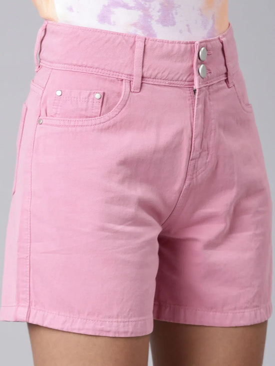 Women Pink Solid Denim Shorts-LT-S-10405-Pink