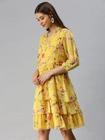 Women's Yellow Printed Fit and Flare Dress-DW-1244-Yellow