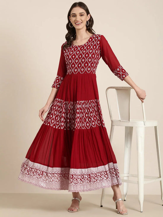 Women Maroon Embellished Fit and Flare Kurta-SKC-112002-Maroon