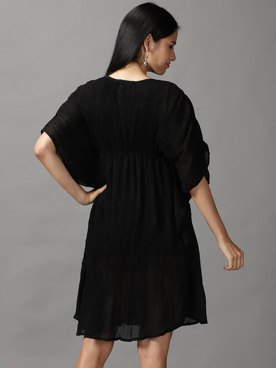 Women's Black Solid Kaftan Dress-AE-15697-Black