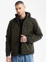 Men Hooded Olive Solid Tailored Oversized Jacket comes with Detachable Hoodie and Inner Jacket-7552-Olive