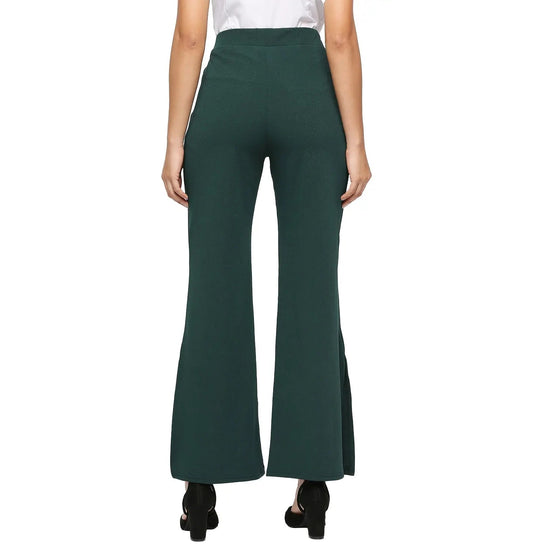 Smarty Pants Women's Polyester Lycra Slit Bell Bottom Bottle Green Formal Trouser