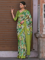 Saree Mall Women's Linen Blend Green Printed Designer Saree With Blouse Piece-NITRA302