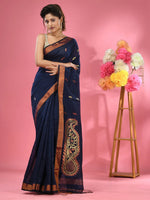 Navy Blue Cotton Blend Handwoven Saree With Paisley Motifs-MA51BCT431270023