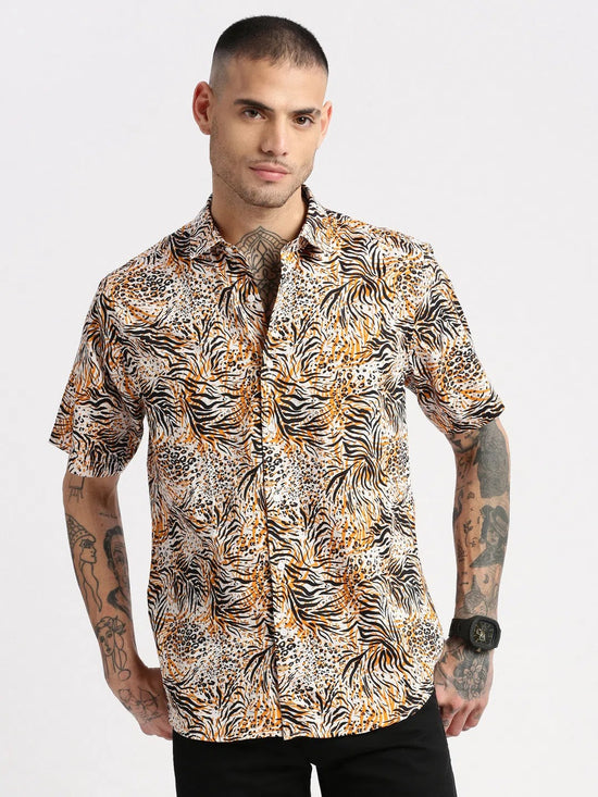 Men Spread Collar Animal Orange Casual Shirt-REVERIE-2121-Orange