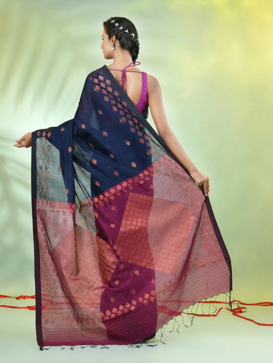 Navy Blue Cotton Saree With Geomatric Patterns-MA66BCT43830037