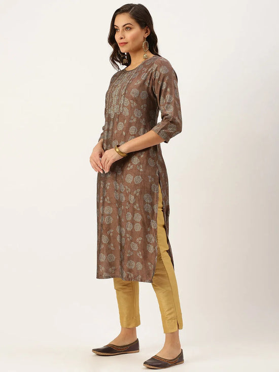 Women's Brown Embellished Straight Kurtas-HO-1448-Brown