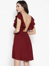 Frill sleeve deep back skater dress in Maroon