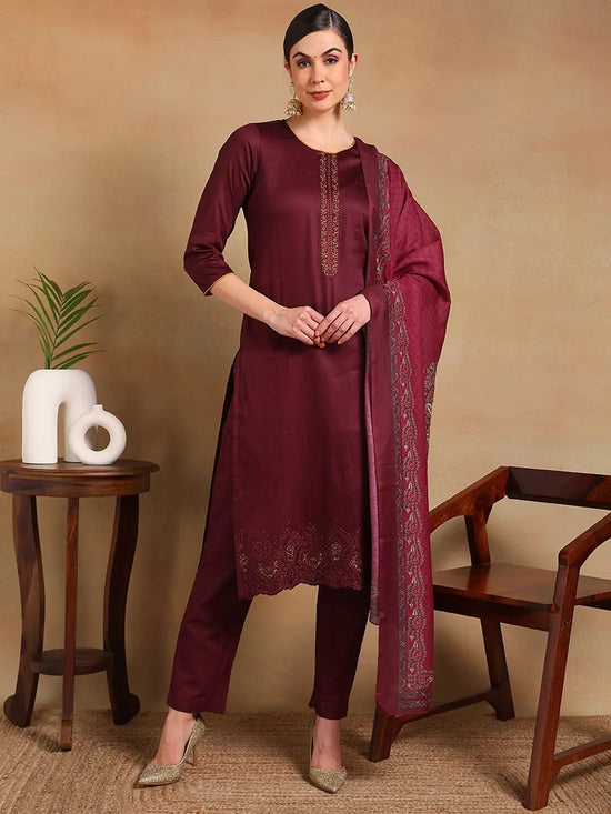 Ahika Women Maroon Silk Blend Embroidered Straight Kurta Pant Set