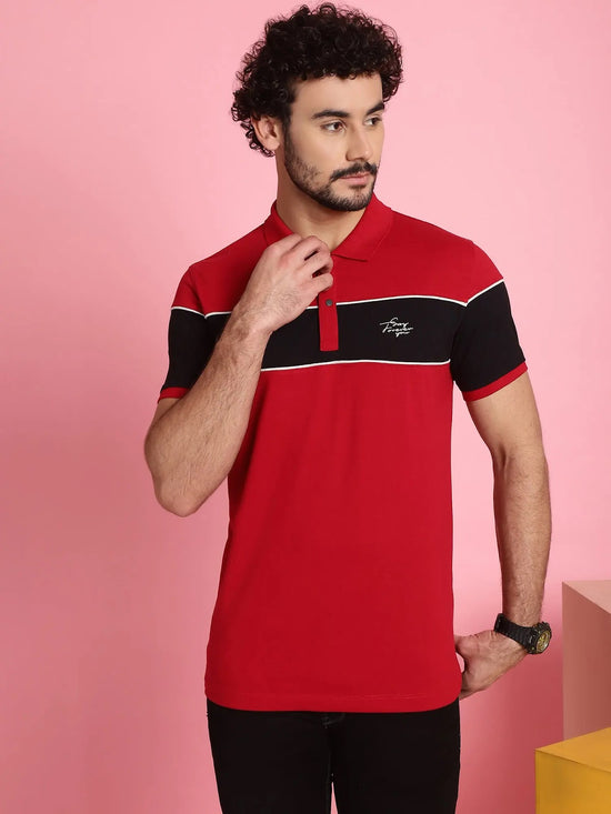 Venitian Men Printed Polo Neck Cut And Sew Cotton Red T-Shirt