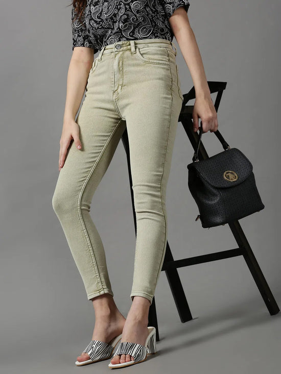 Women's Olive Solid Skinny Fit Denim Jeans-GZ-5288-Olive