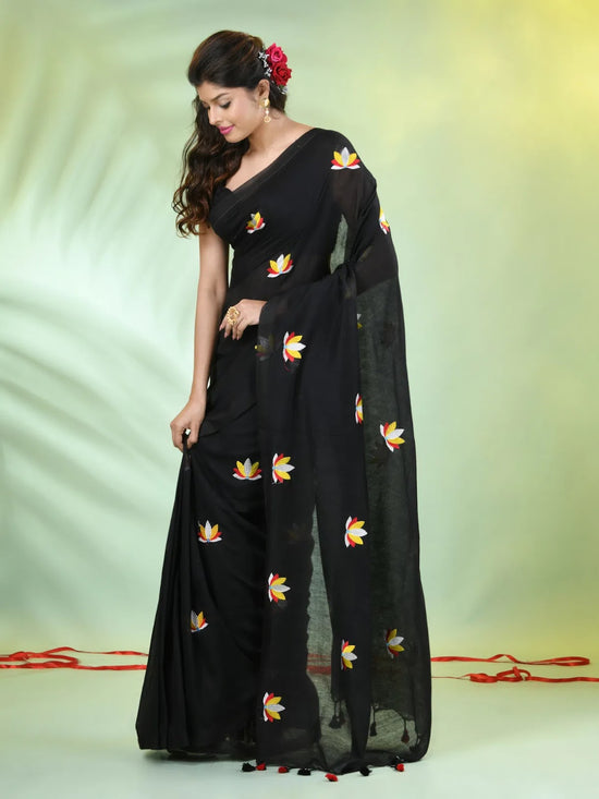 All Over Thread Embroidery Black Cotton Handspun Saree-MA62CH33660050