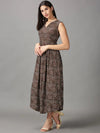 Women's Brown Floral Fit and Flare Dress-AE-15748-Brown