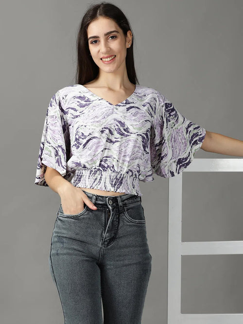 Women's Purple Printed Cinched Waist Crop Top-AE-10560-Purple