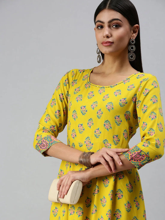 Women's Yellow Printed Anarkali Kurta-RF1245-Yellow