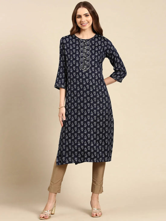 Women's Navy Blue Printed Straight Kurta-HO-1931-Navyblue