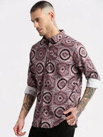 Men Spread Collar Geometric Black Casual Shirt-PELSIC-2250-Black