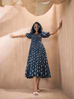 Women Blue Ikat Print Puff Sleeve Smocking Tiered Dress