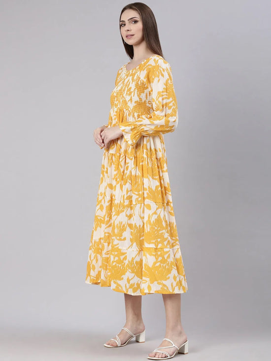 Women Mustard Floral Empire Dress-ON-007-Mustard