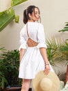 Women White Poplin Back Waist Cut-Out Short Dress