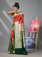 Red And Green Katan Silk Banarasi Patli Pallu Saree With Ethnic Motifs And Zari Woven Designs-MA52KA441380067