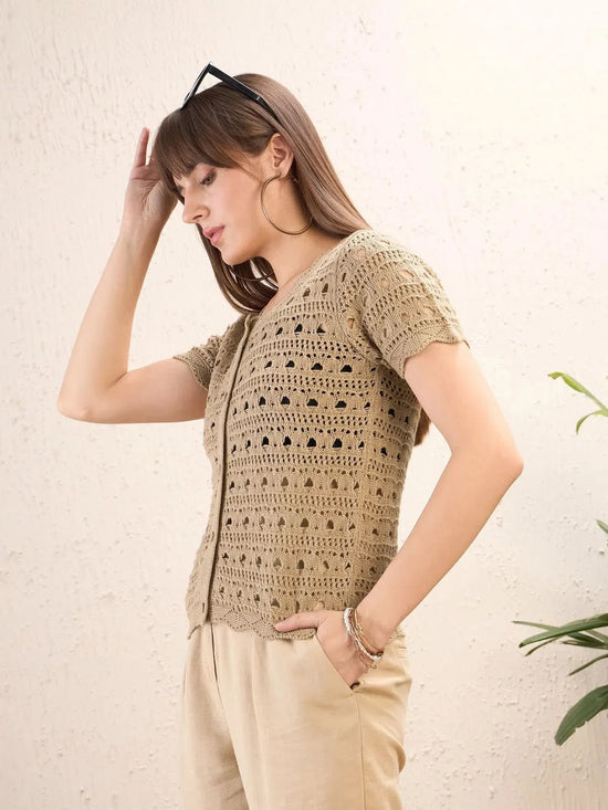 Women Beige Round Neck Crochet Top