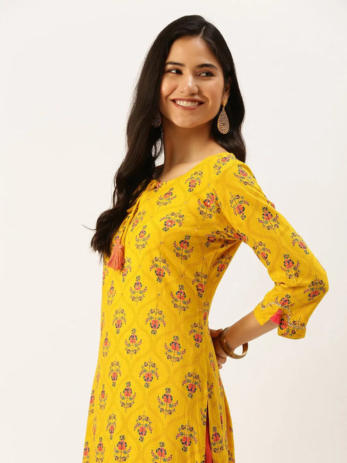 Women's Yellow Printed Straight Kurtas-AT-A426-K-Yellow