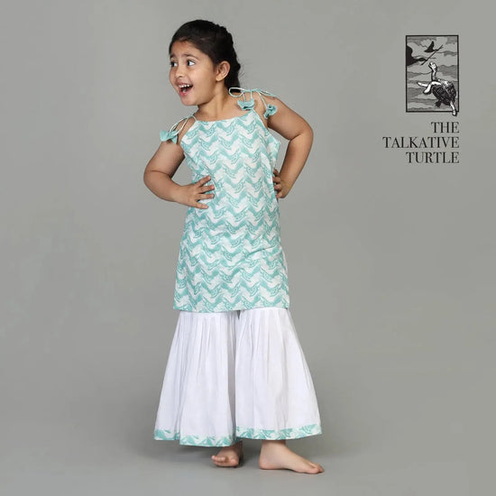 Cotton Kurta & Sharara Set For Girls with The Talkative Turtle Print