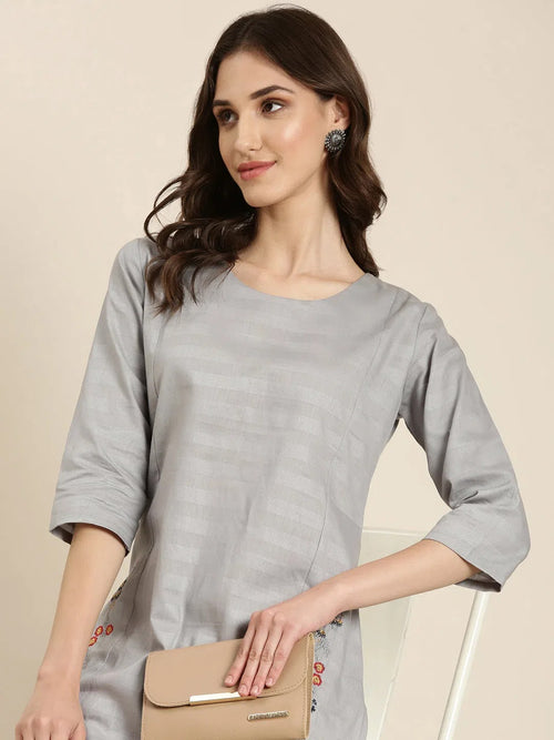 Women Grey Solid Straight Kurta-DF-1555-Grey