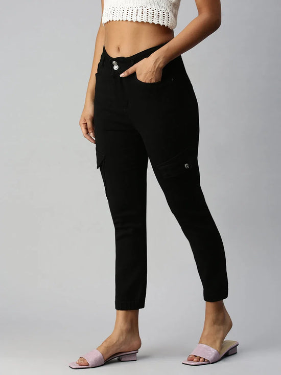 Women's Black Solid Denim Jeans-IM9829-Black