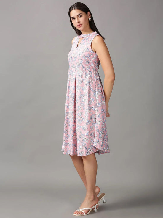 Women's Pink Printed A-Line Dress-AE-15709-Pink