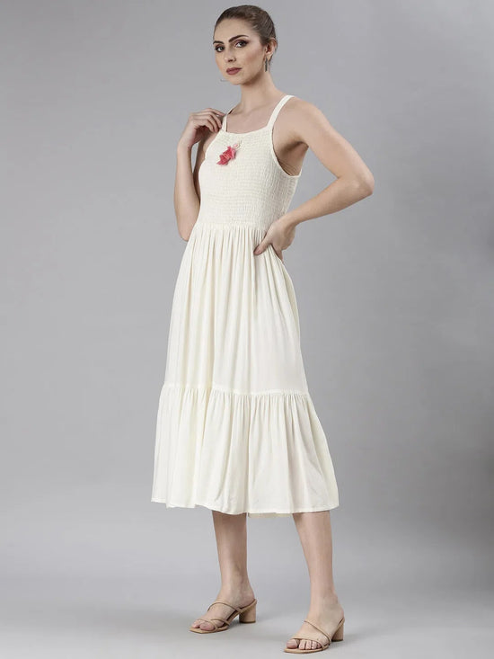 Women Off White Solid Fit and Flare Dress-DF-174-Offwhite