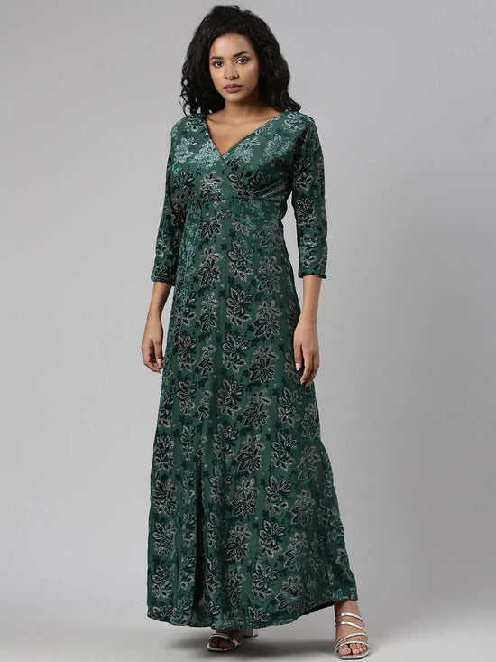 Women Green Floral Empire Dress-TE-116-Green