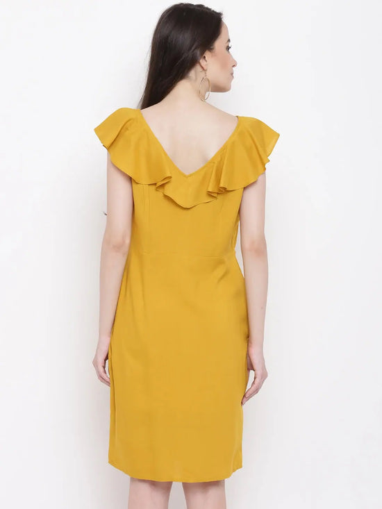 Front loop button pencil dress in mustard