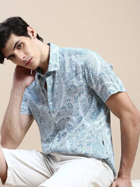 Men Blue Floral Casual Shirt-GEORGE-1636-Blue