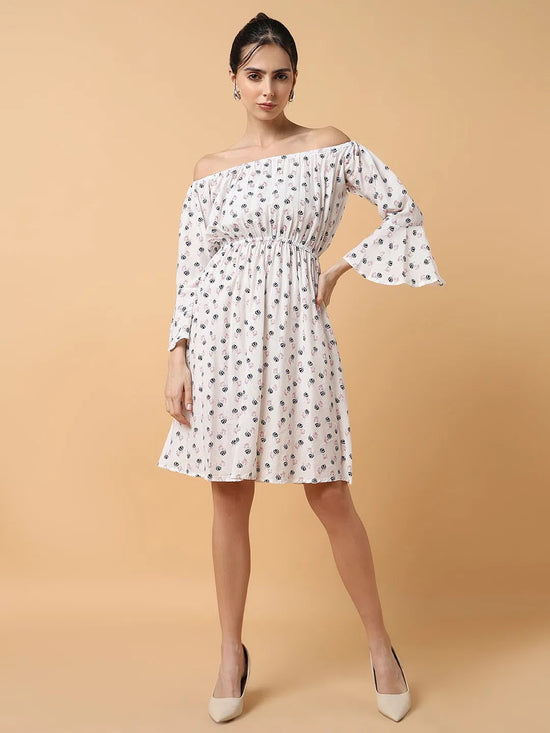 Women's A-Line White Printed Dress-AE-9887-Whitenavyblue