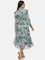 Green Smocking sleeve Tiered Midaxi Dress-17181