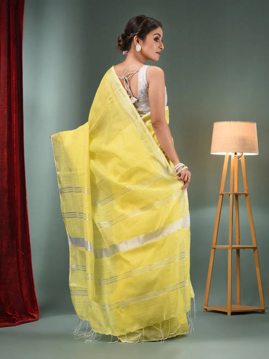 Yellow Cotton Blend Handwoven Saree With Zari Border-MA50BCT40500135