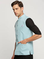 Men Blue Mandarin Collar Solid Nehru Jacket-AK-12527-12-Blue