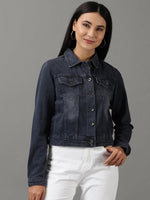 Women's Navy Blue Solid Denim Jacket-IM-10440-Navyblue