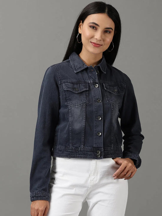 Women's Navy Blue Solid Denim Jacket-IM-10440-Navyblue