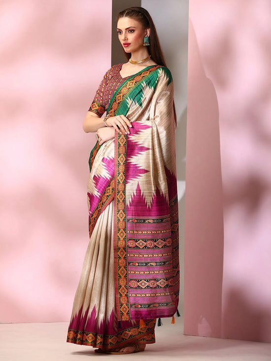 Saree Mall Women's  Blend Beige Printed Designer Saree With Blouse Piece-SOFIA1004