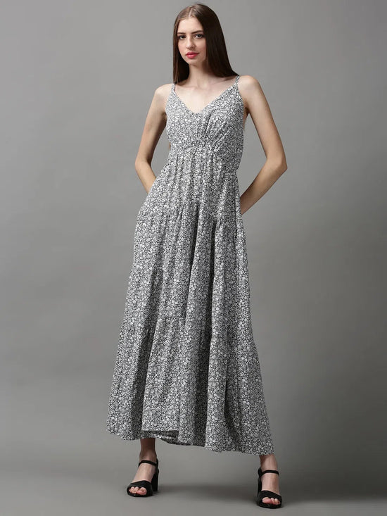 Women's Grey Printed Fit and Flare Dress-AE-15667-Grey