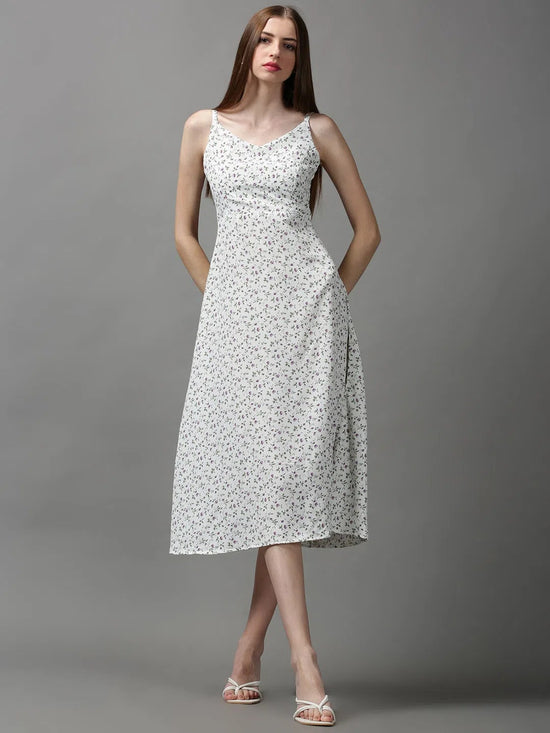 Women's White Printed A-Line Dress-AE-15056-White