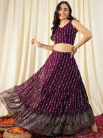 Crop top With Back tie and Flared Skirt in Pruple Color