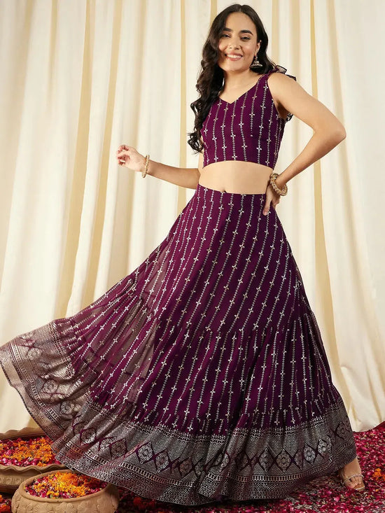 Crop top With Back tie and Flared Skirt in Pruple Color